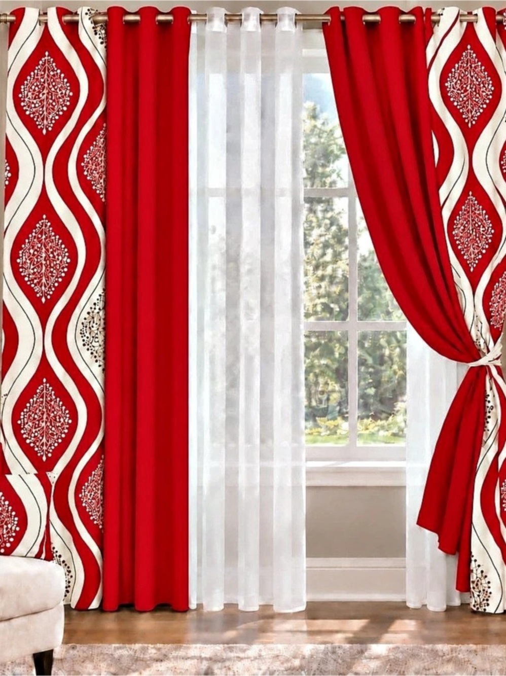 Red & White Geometric Curtains 54/84  54